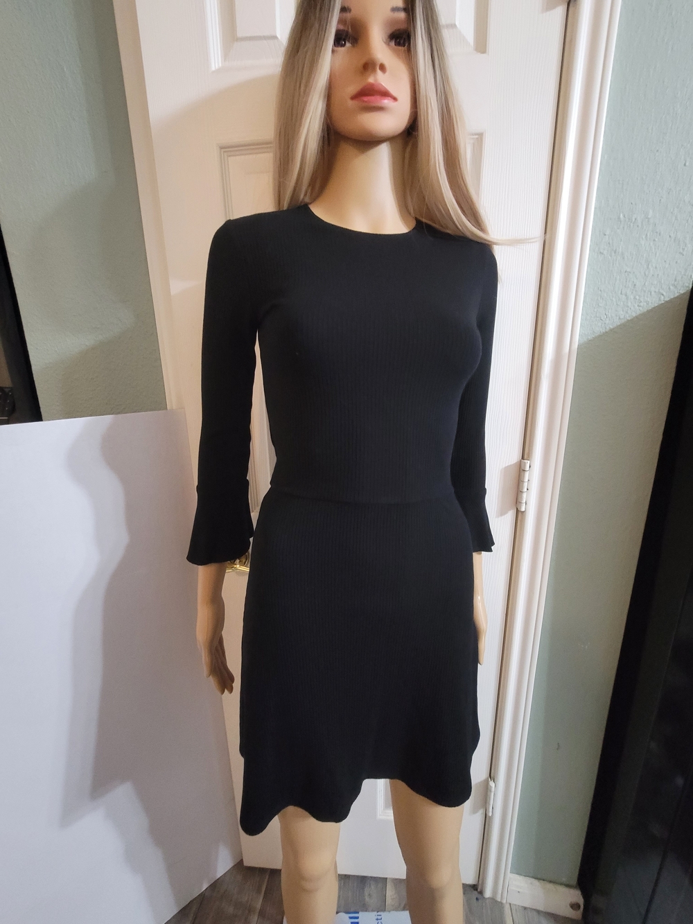 Reformation Anise Black Ribbed Long-Sleeve ALine Dress Bell Sleeves Whimsigoth S